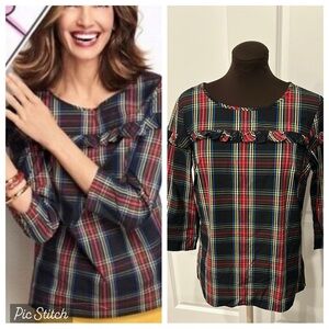 Talbots Steward Tartan Plaid Poplin Red Green Ruffled Blouse Top Size Medium